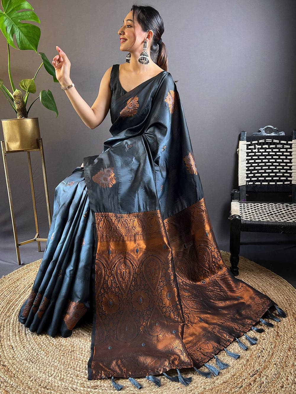 Black Tussar Silk Ikkat Weaving Saree