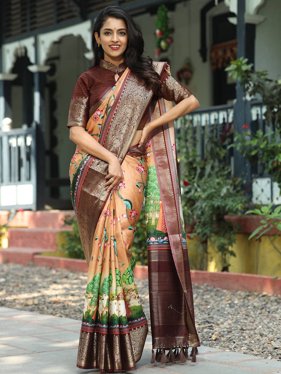Pichwai Print Zari Weaving Pallu Saree In Peach Colour - Luxe