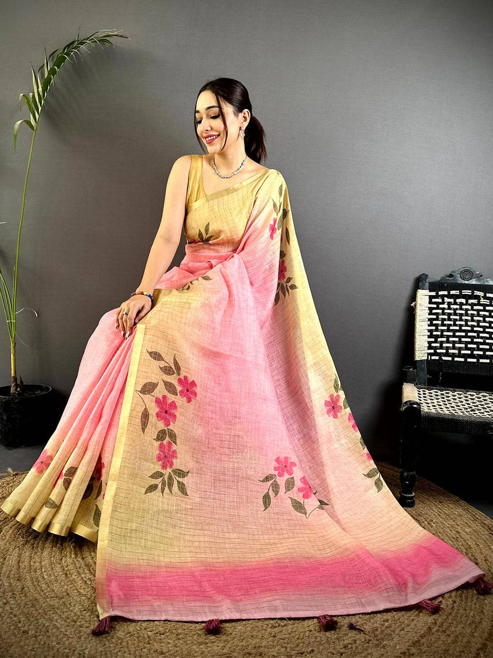 Regal Soft Linen Gold Zari Floral Saree
