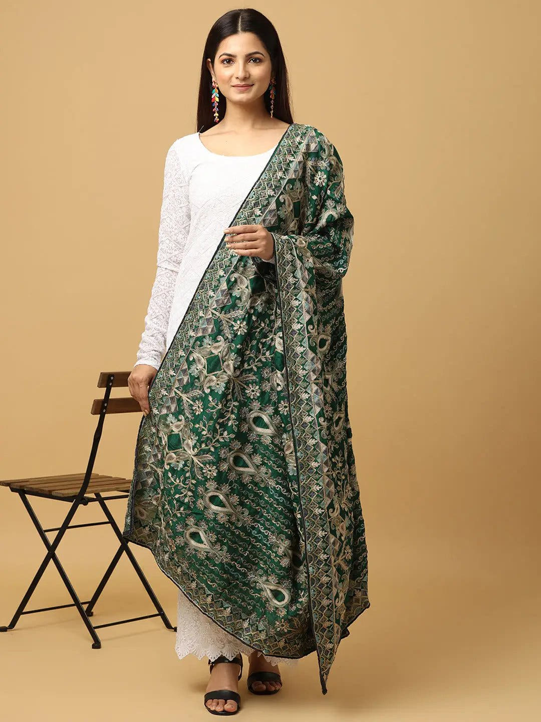 Dark Green Multicolour Floral Pashmina Dupatta