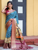 Royal Blue Pure Viscose Dola Silk Saree With Kalamkari And Mughal Print - Luxe