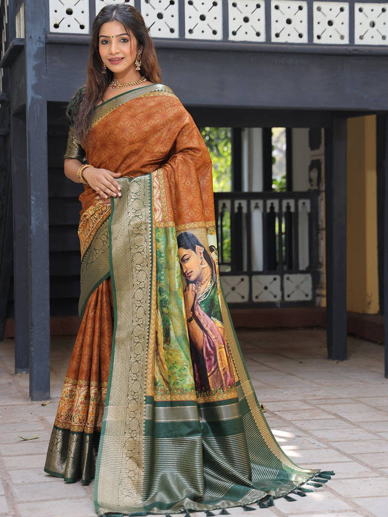 Brown Pure Viscose Dola Silk Saree With Kalamkari And Mughal Print - Luxe