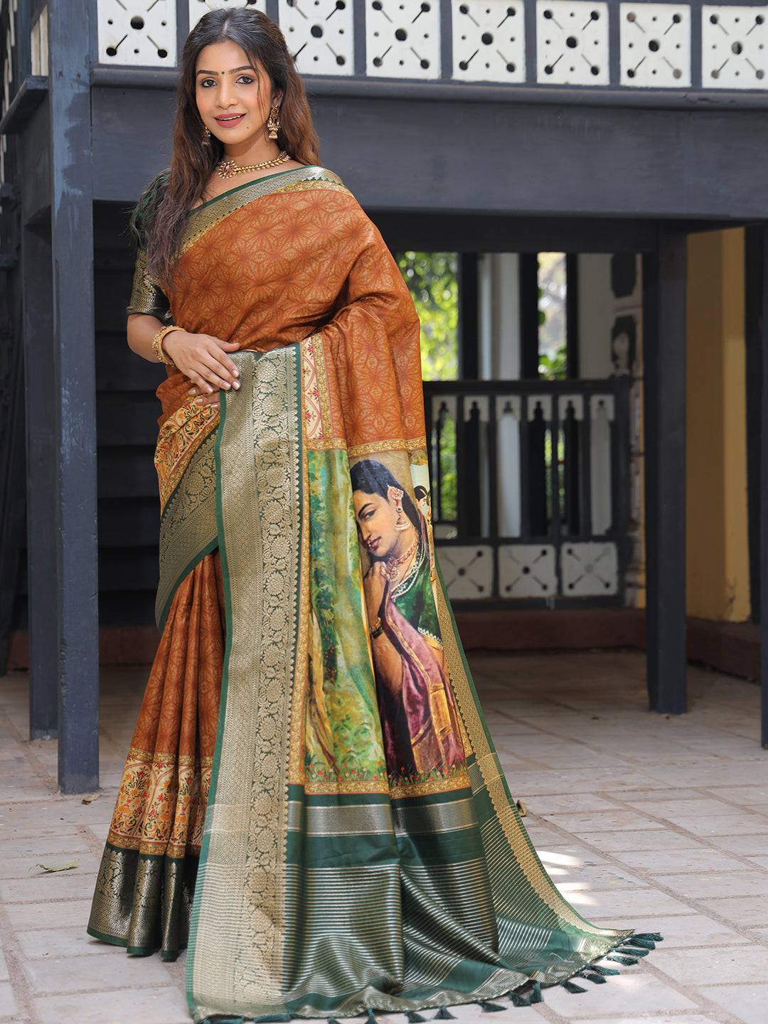 Brown Pure Viscose Dola Silk Saree With Kalamkari And Mughal Print - Luxe