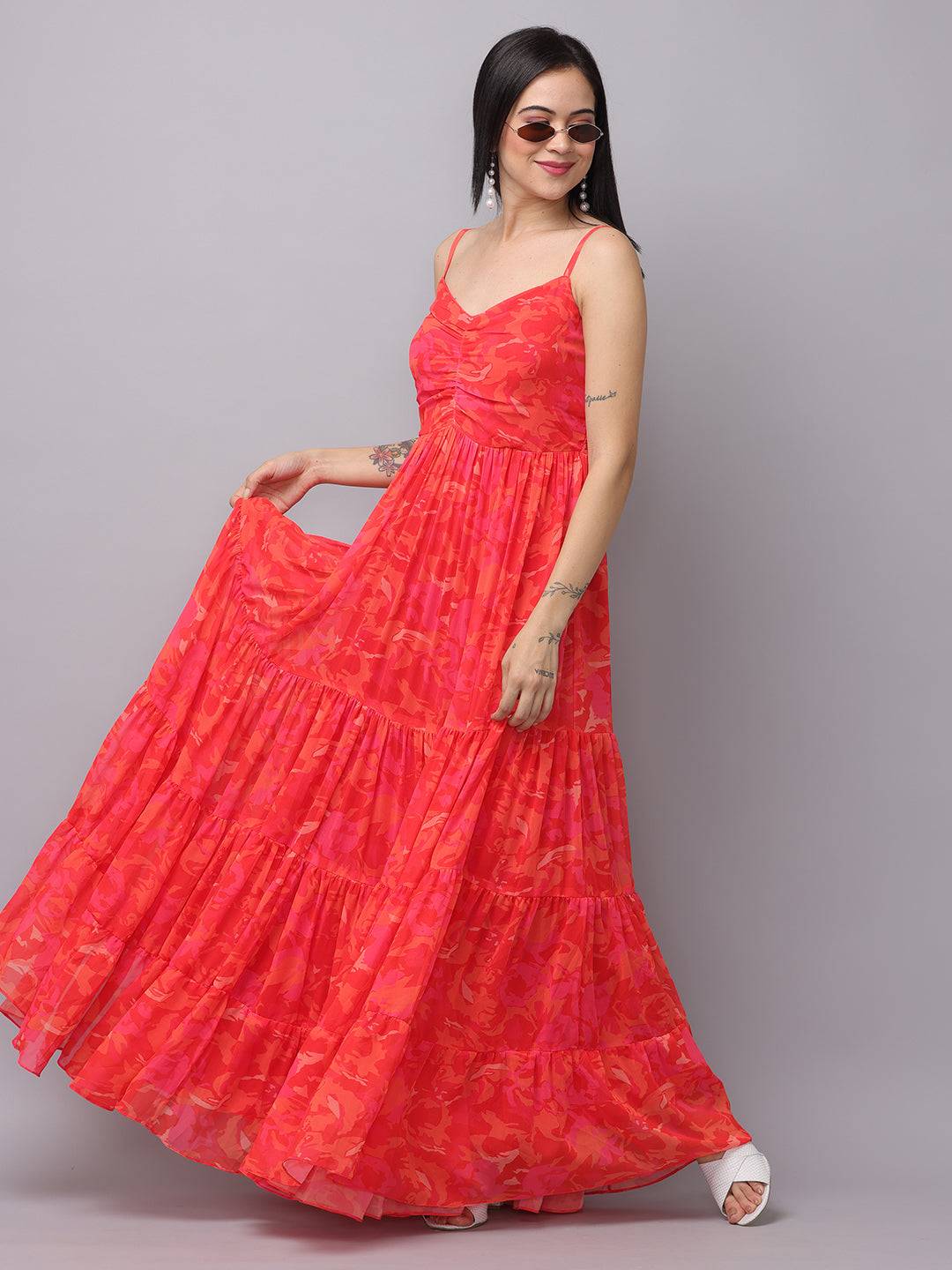 Radiant Red Floral Ruched Maxi