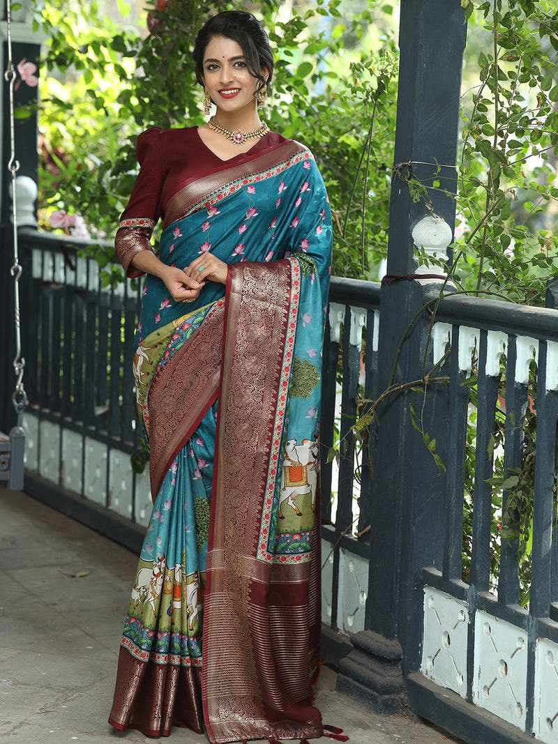 Pichwai Print Zari Weaving Pallu Saree In Blue Colour - Luxe