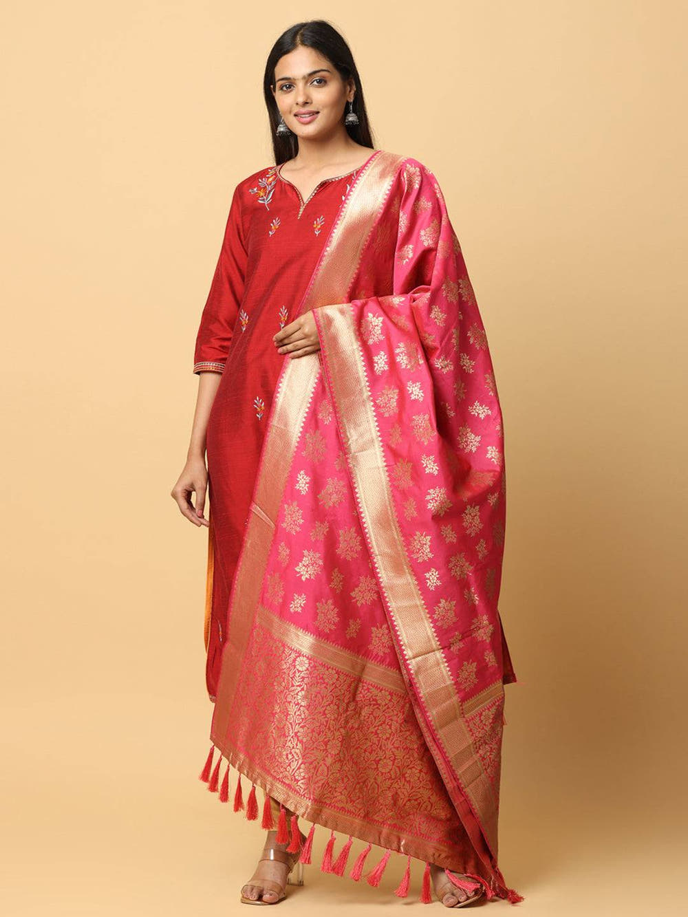 Woven Design Rani Silk Blend Dupatta With Resham Tassels