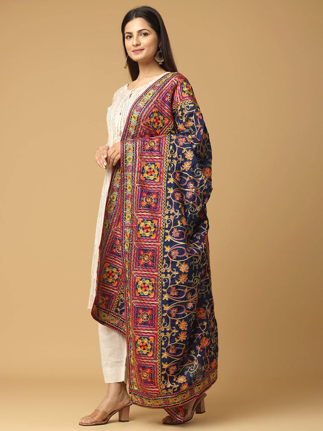 Navy Floral Border Pashmina Dupatta