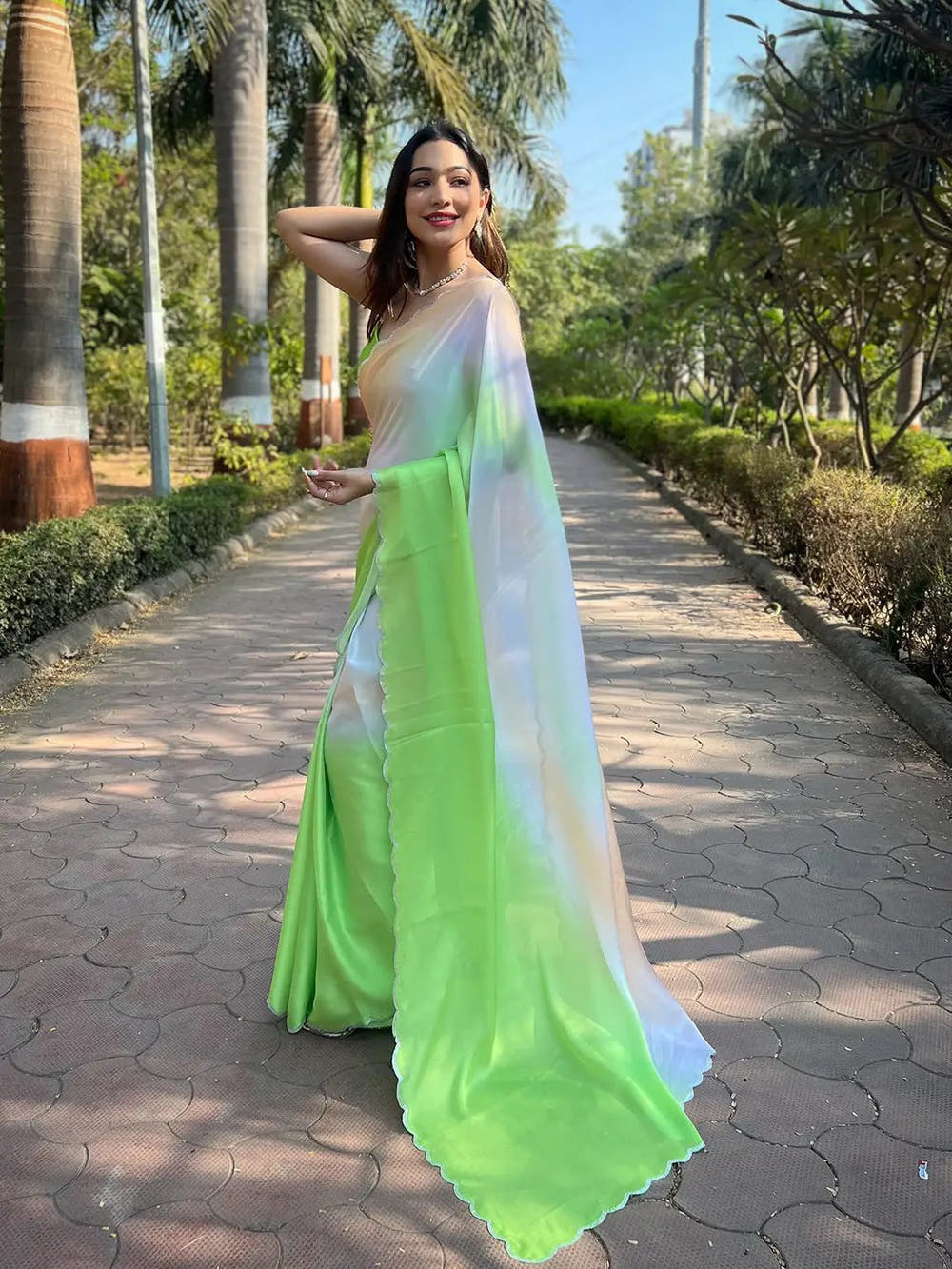 Green Satin Georgette Saree