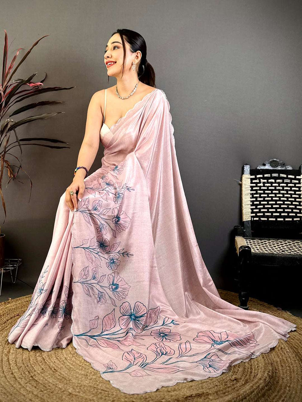 Royal Pastel Pink Floral Cutwork Saree