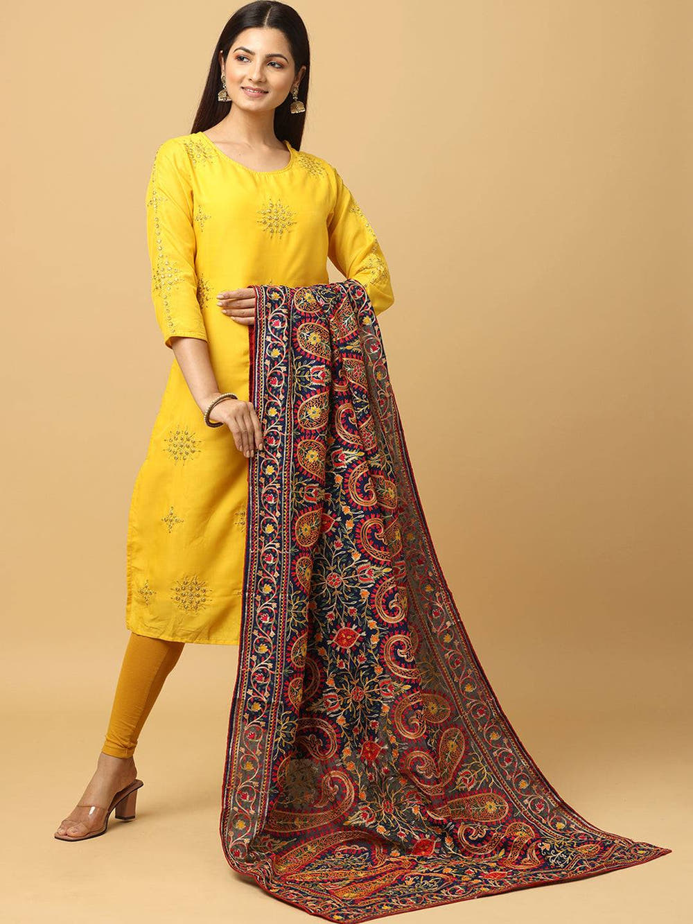 Navy Ornate Paisley Panel Pashmina Dupatta