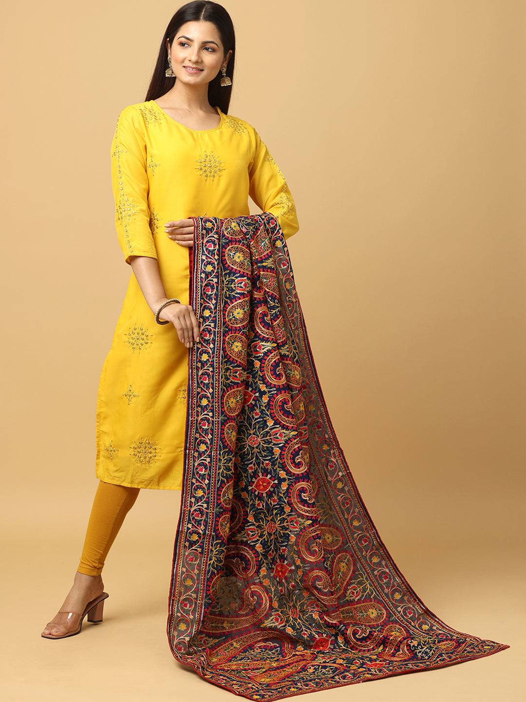Navy Ornate Paisley Panel Pashmina Dupatta