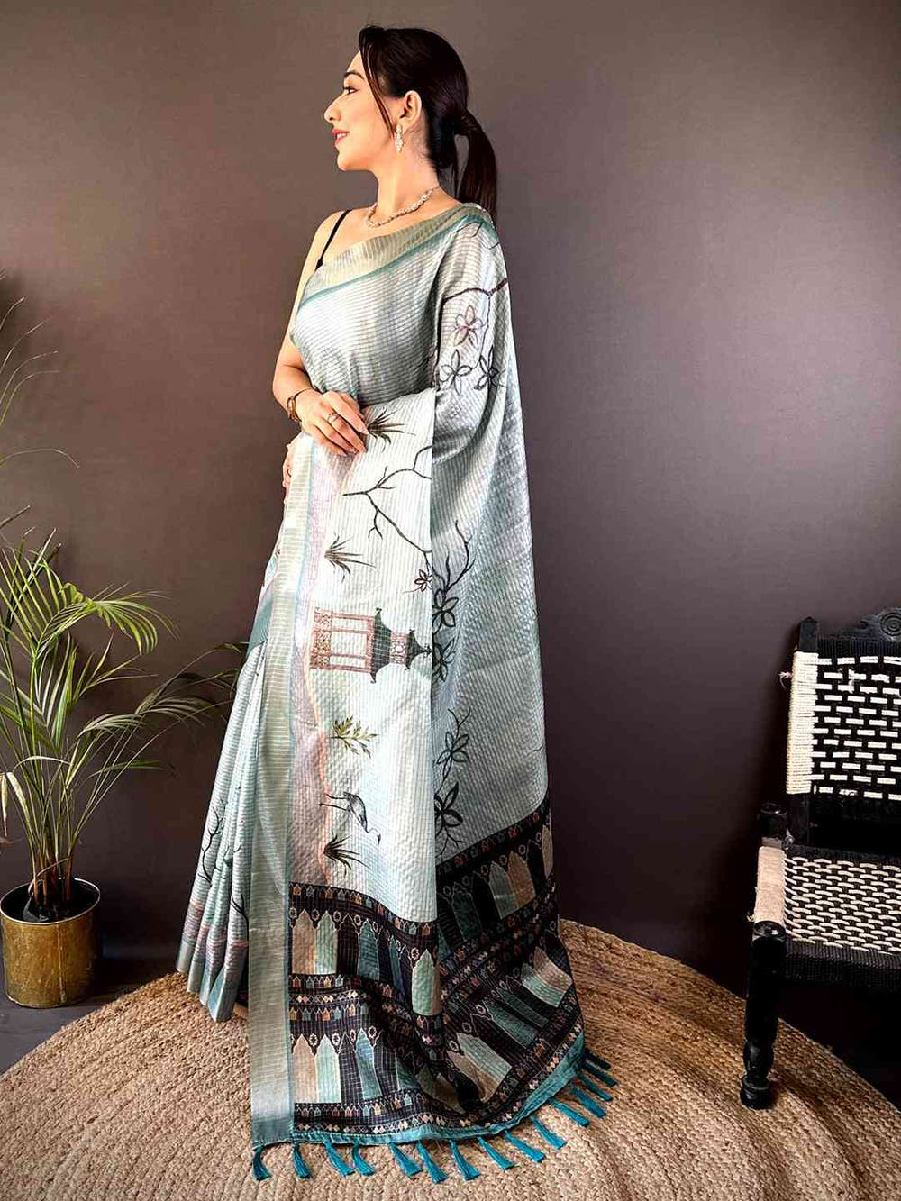 Powder Blue Tussar Chex Japanese Print Saree