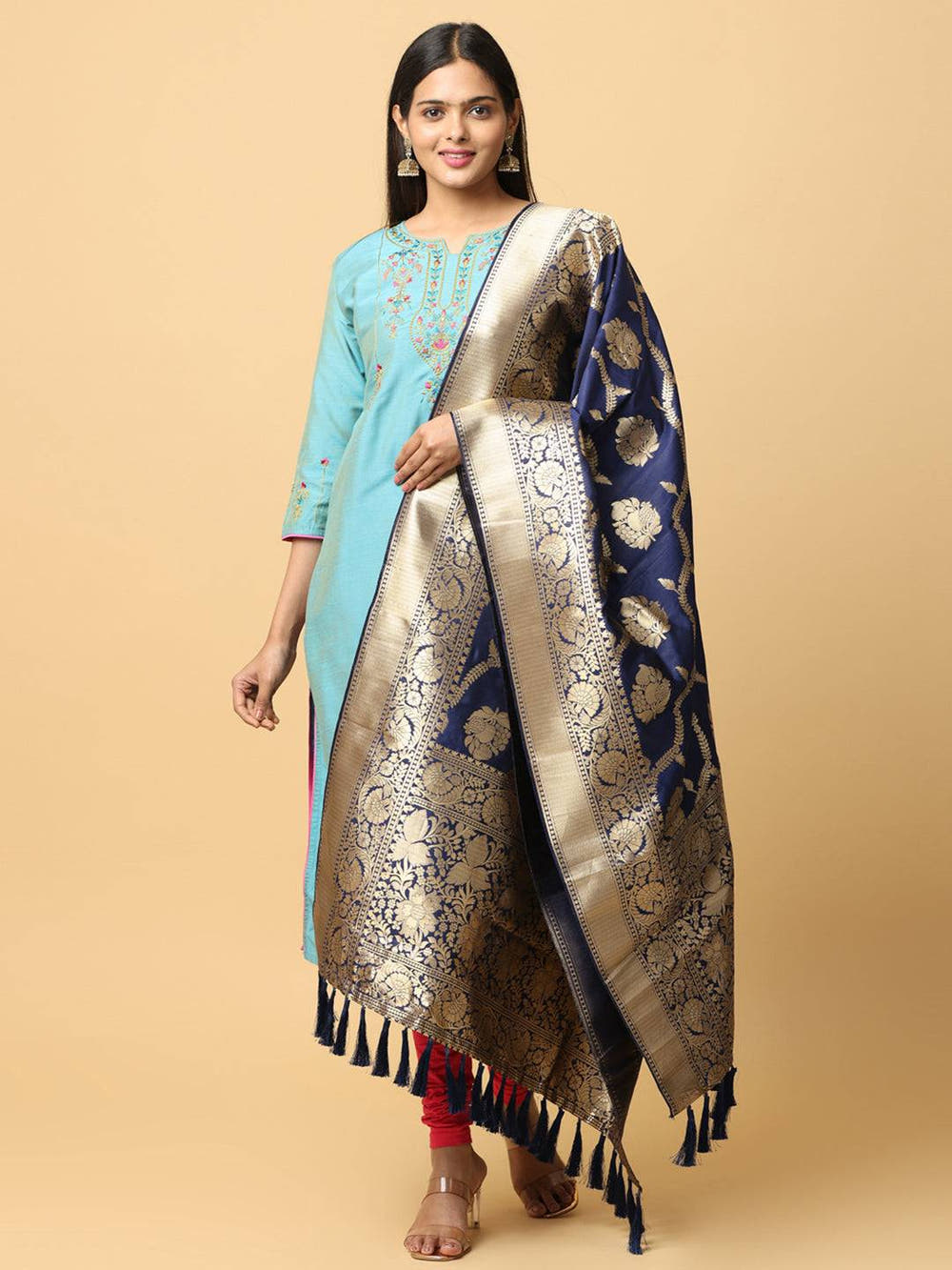 Dark Blue Silk Blend Woven Design Dupatta