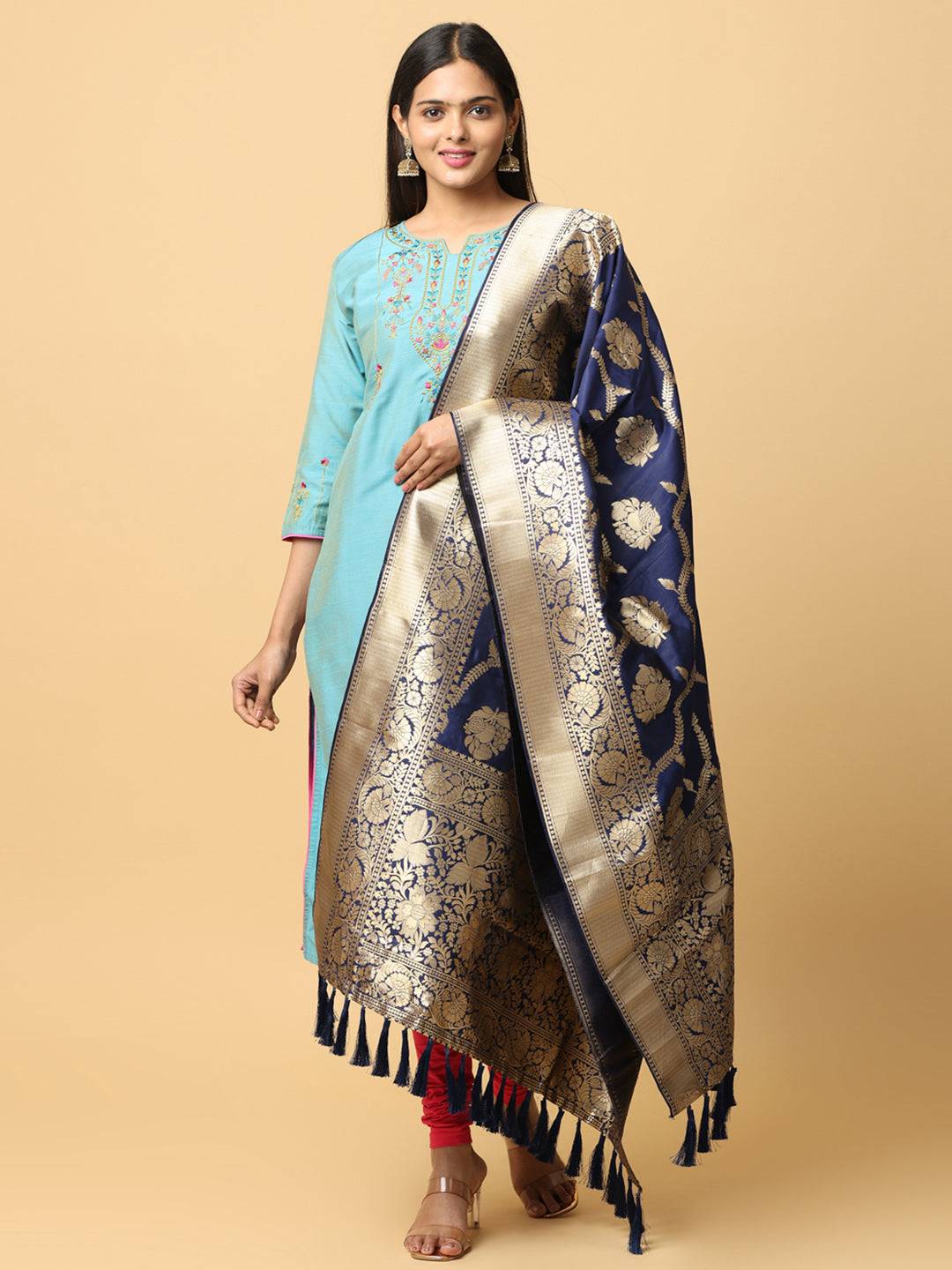 Dark Blue Silk Blend Woven Design Dupatta