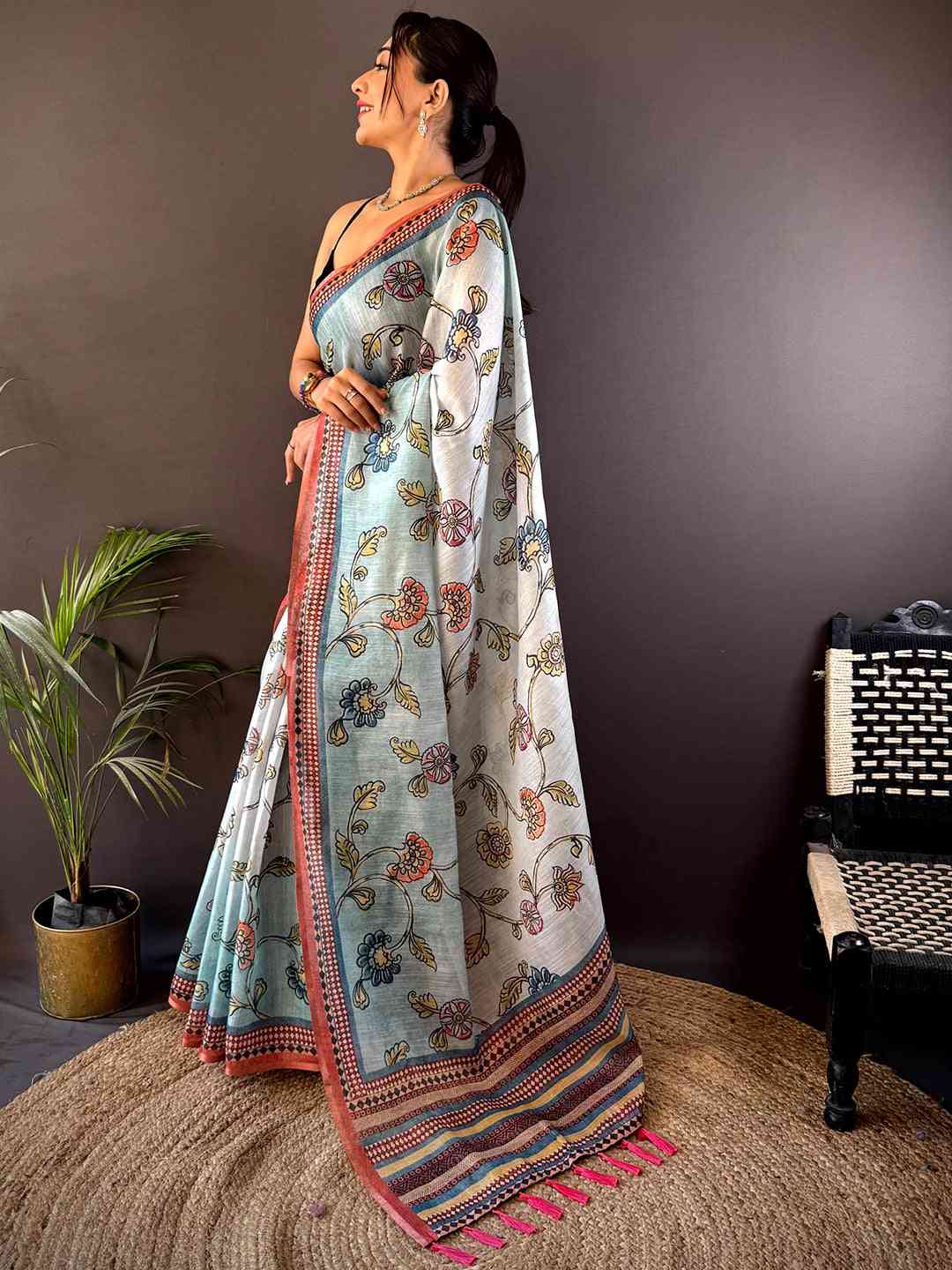 Sky Blue Zari Tussar Floral Saree