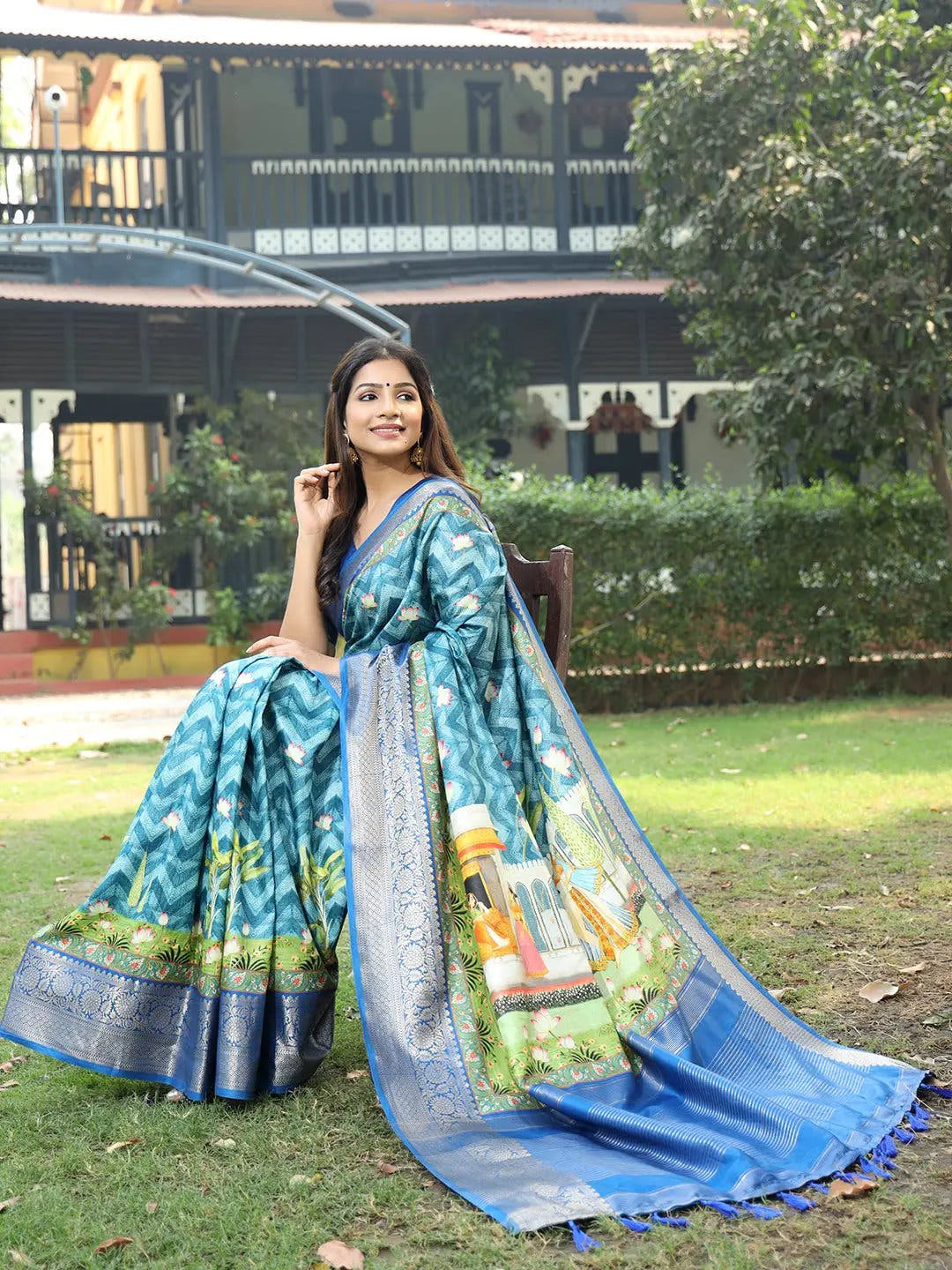 Blue Colour Pure Viscose Dola Silk Saree with Pichwai Kalamkari Print - Luxe