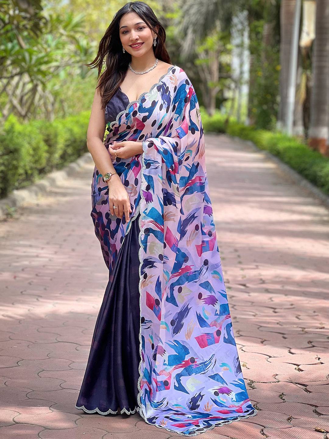 Navy Batik And Polka Dots Print Saree