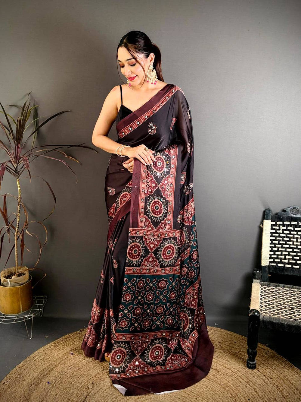 Radiant Ajrakh Print Mirror Work Saree