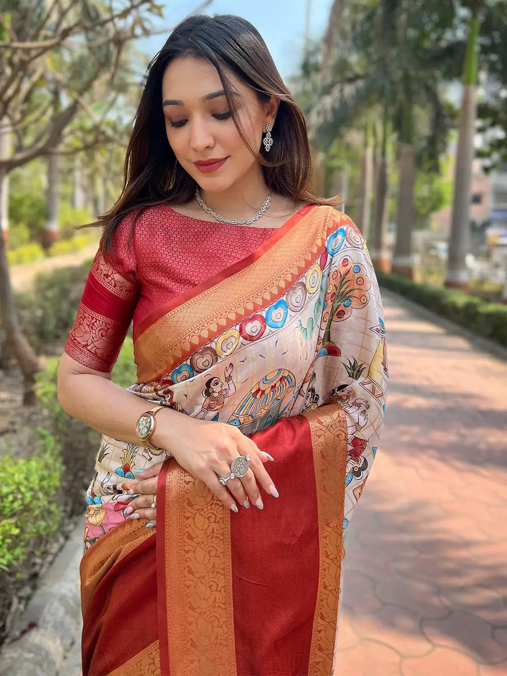 Beige Colour Double Border Chex Weaving Banarasi Soft Silk Saree