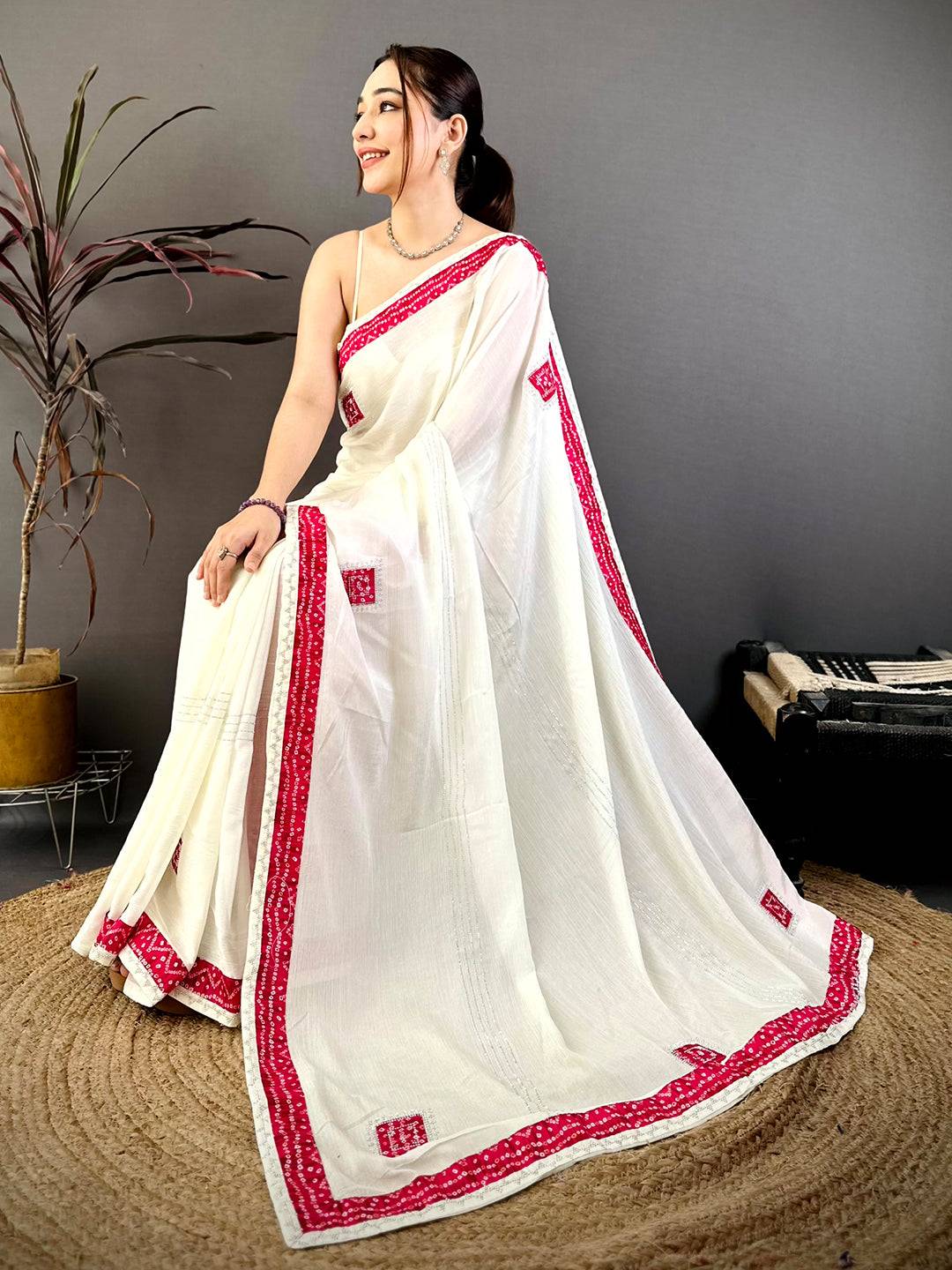 Pink Bandhej Butta Chiffon Saree