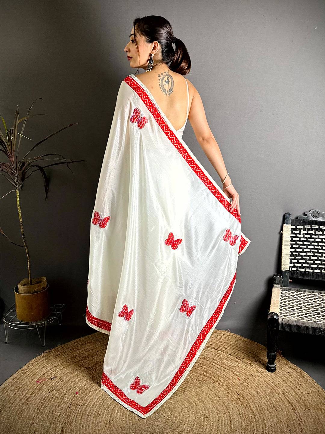 Red Soft Chinnon Butterfly Butta Saree