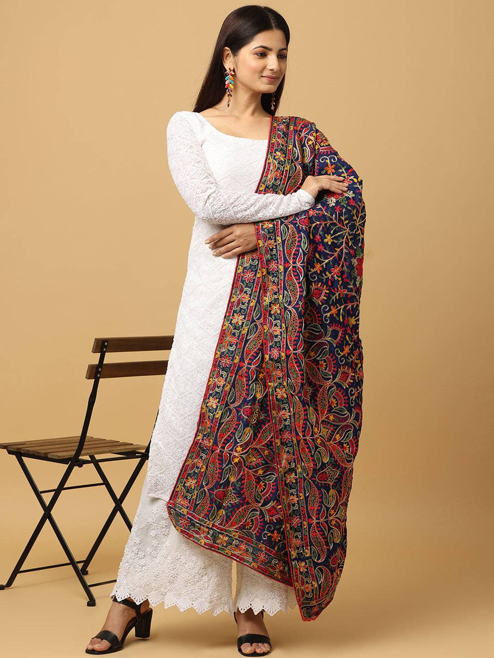 Navy Deep Multicolour Floral Pashmina Dupatta