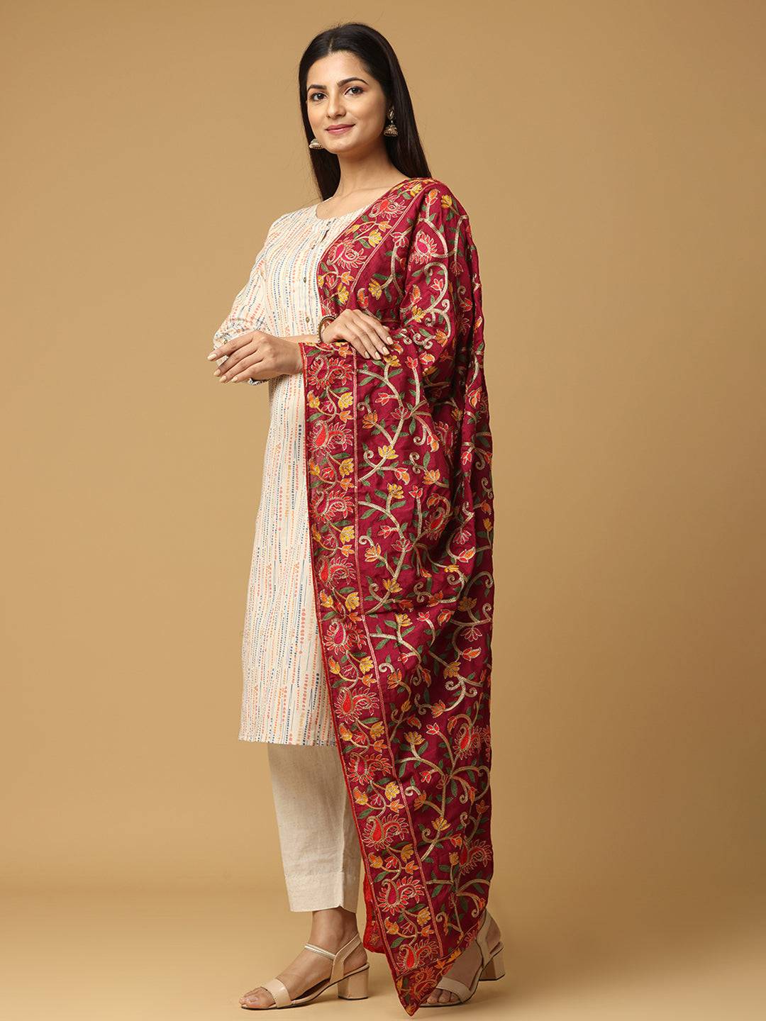 Wine Dense Floral Jaal Pashmina Dupatta