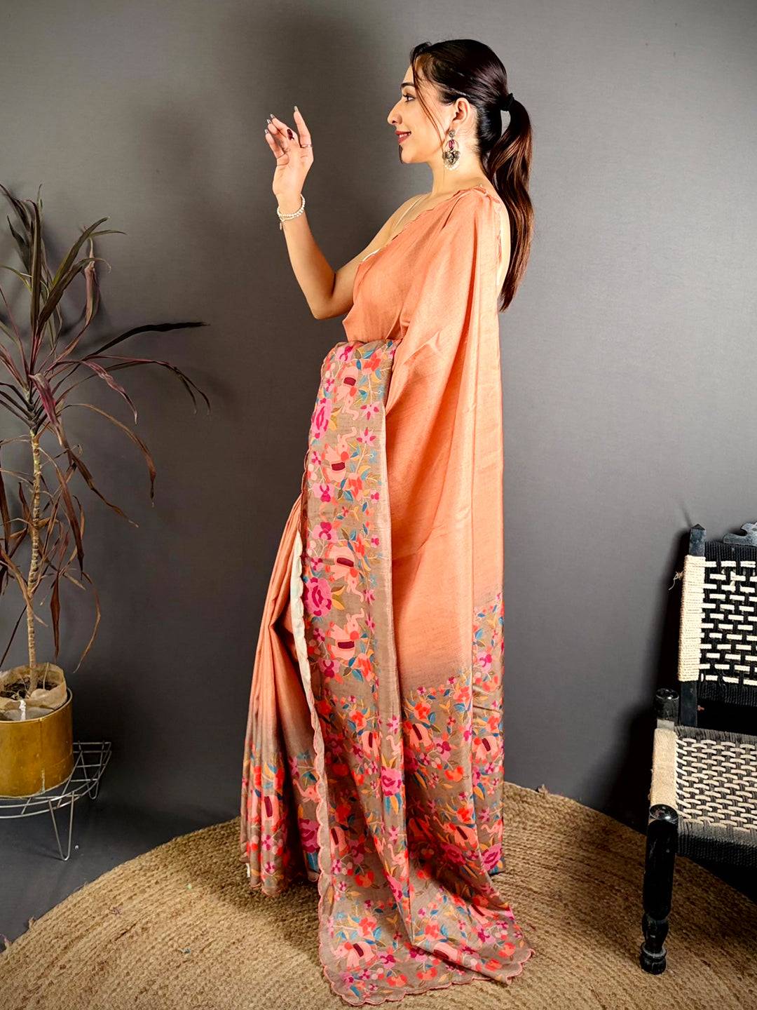 Peach Bird Print Tussar Festive Saree