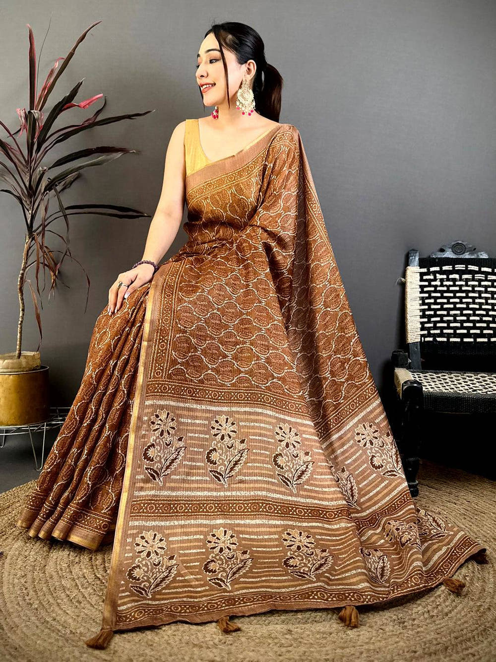 Brown Ajrakh Digital Print Kota Saree