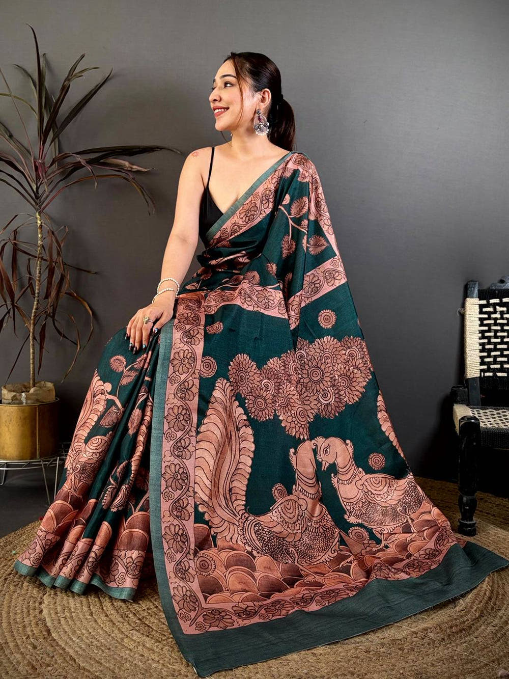 Teal Soft Tussar Kalamkari Print Saree