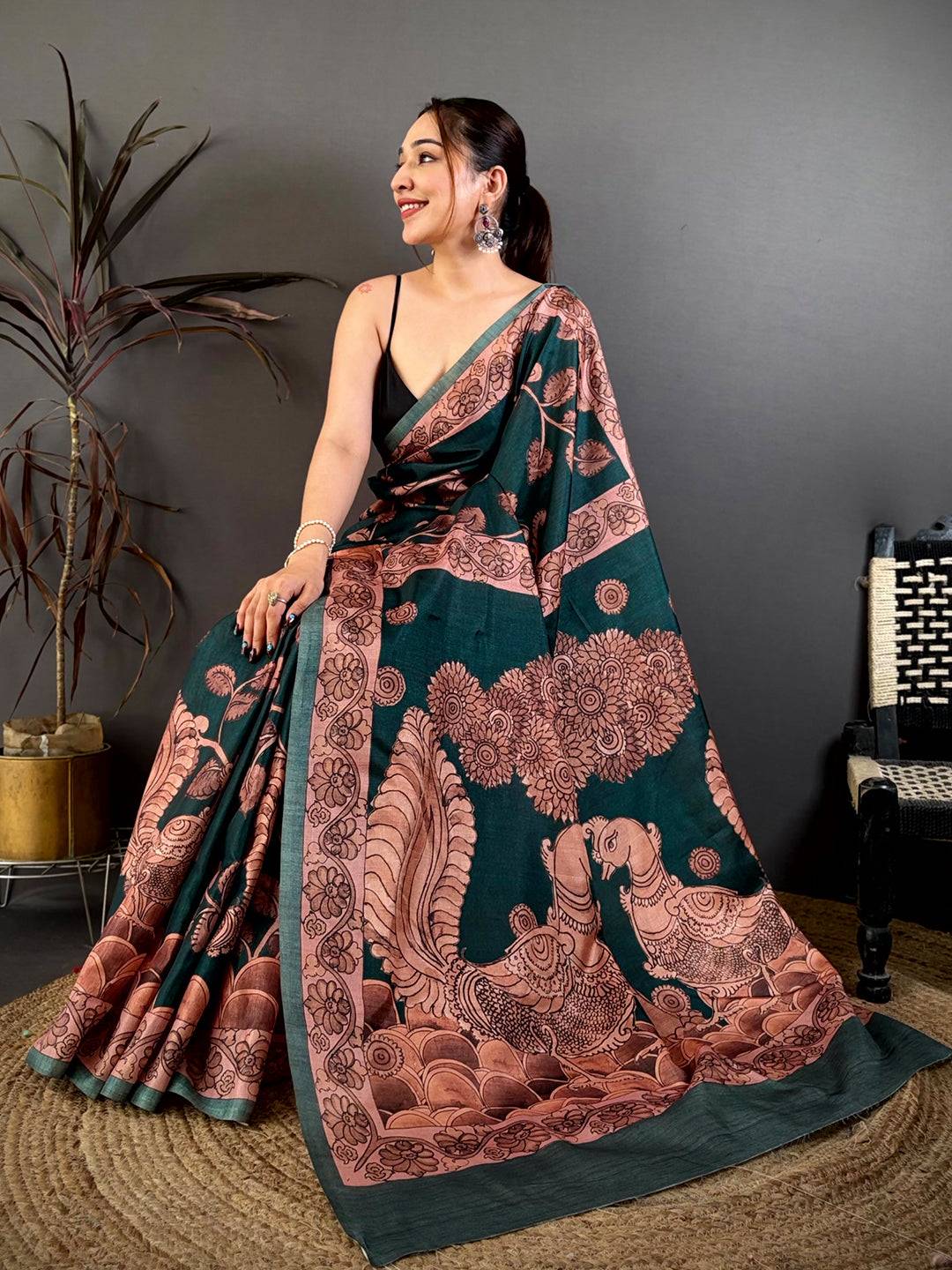 Teal Soft Tussar Kalamkari Print Saree