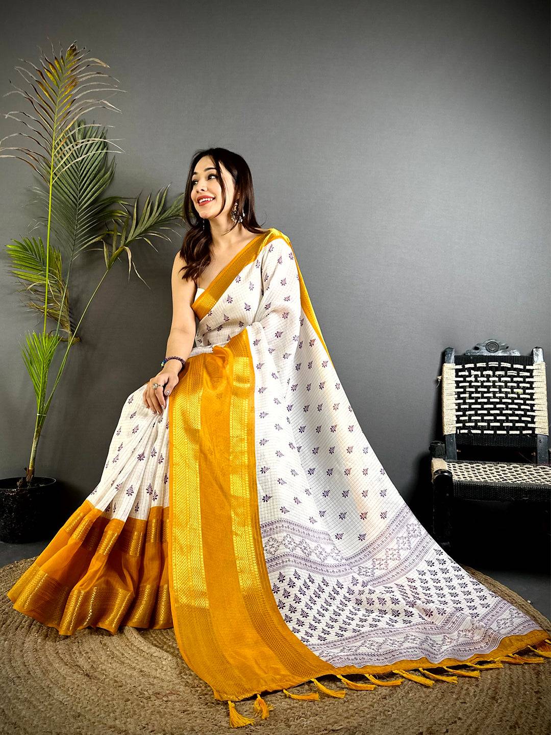 Yellow Marshmallow Ikkat Butti Saree