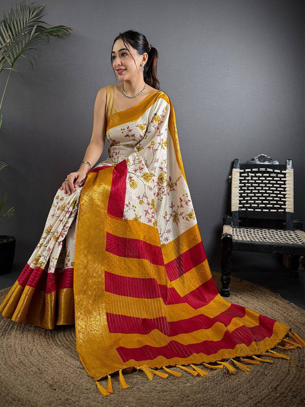 Yellow Soft Dola Silk Zari Katha Saree