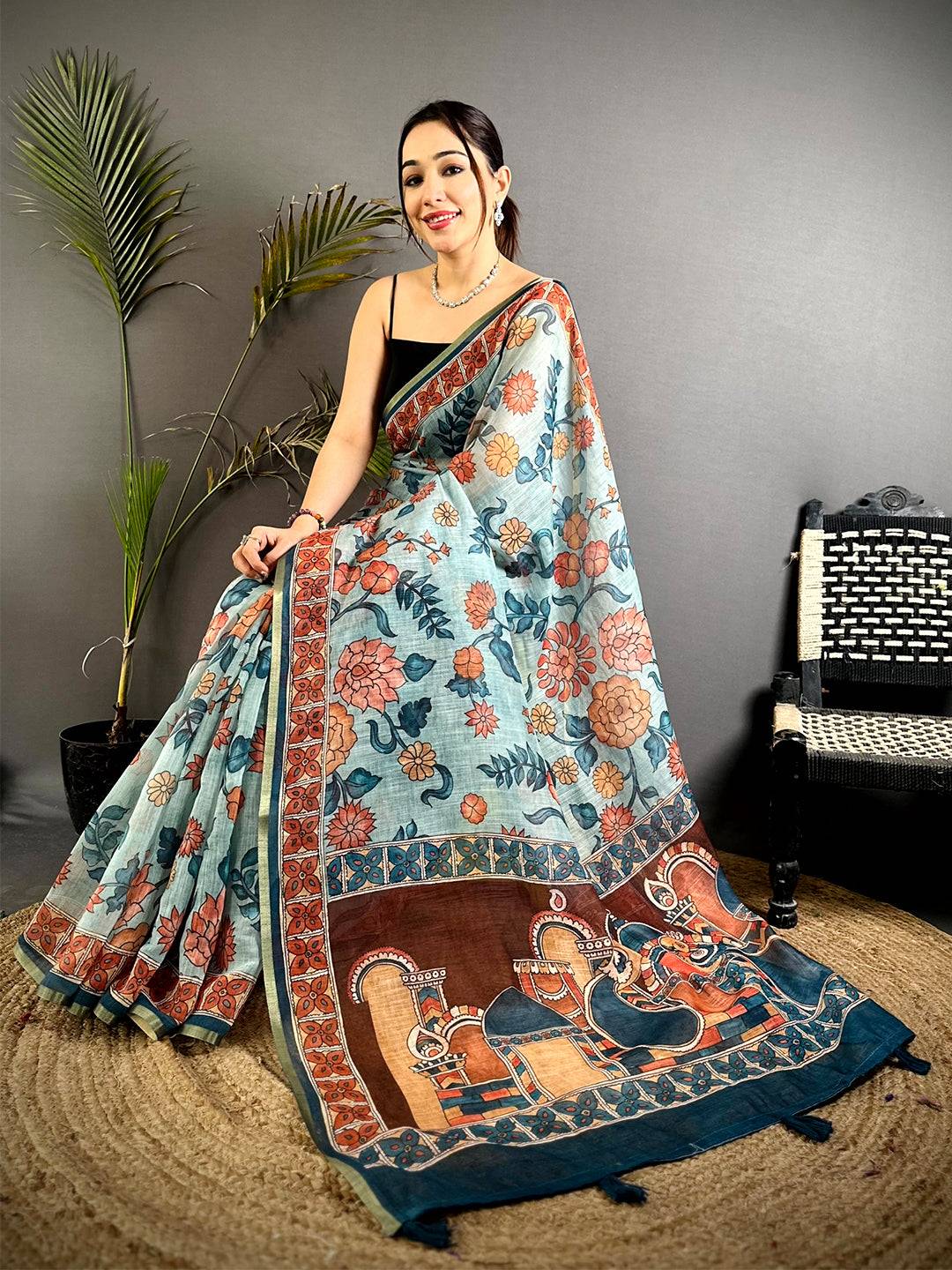 Classic Floral Kalamkari Soft Linen Saree