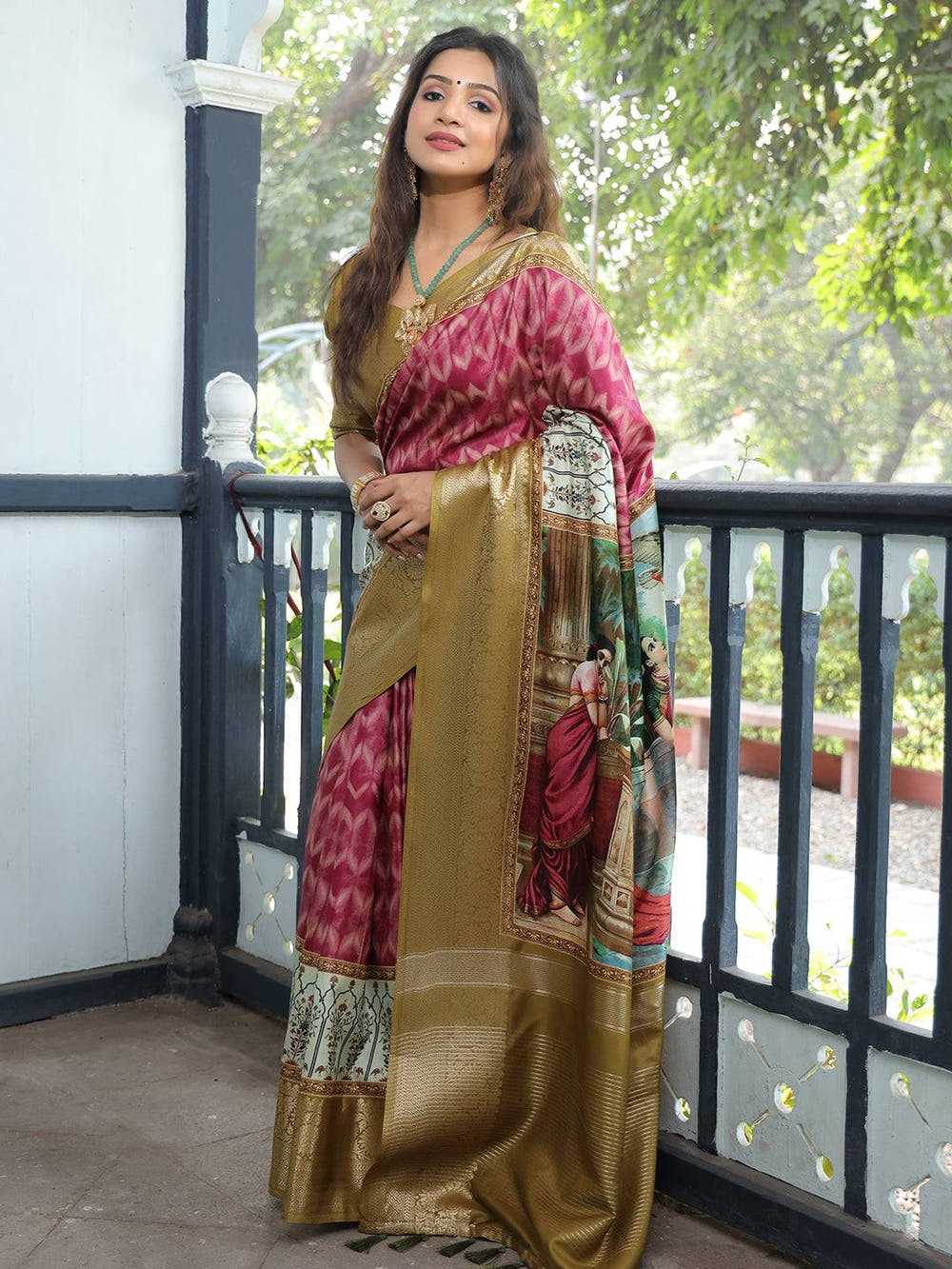 Magenta Pure Viscose Dola Silk Saree With Kalamkari And Mughal Print - Luxe