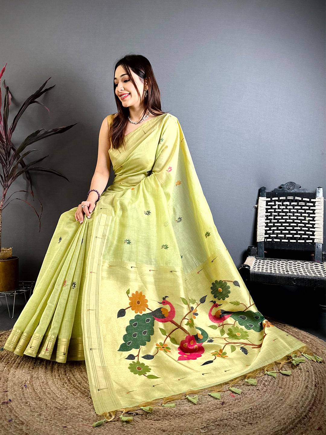 Lime Munia Minakari Khadi Saree