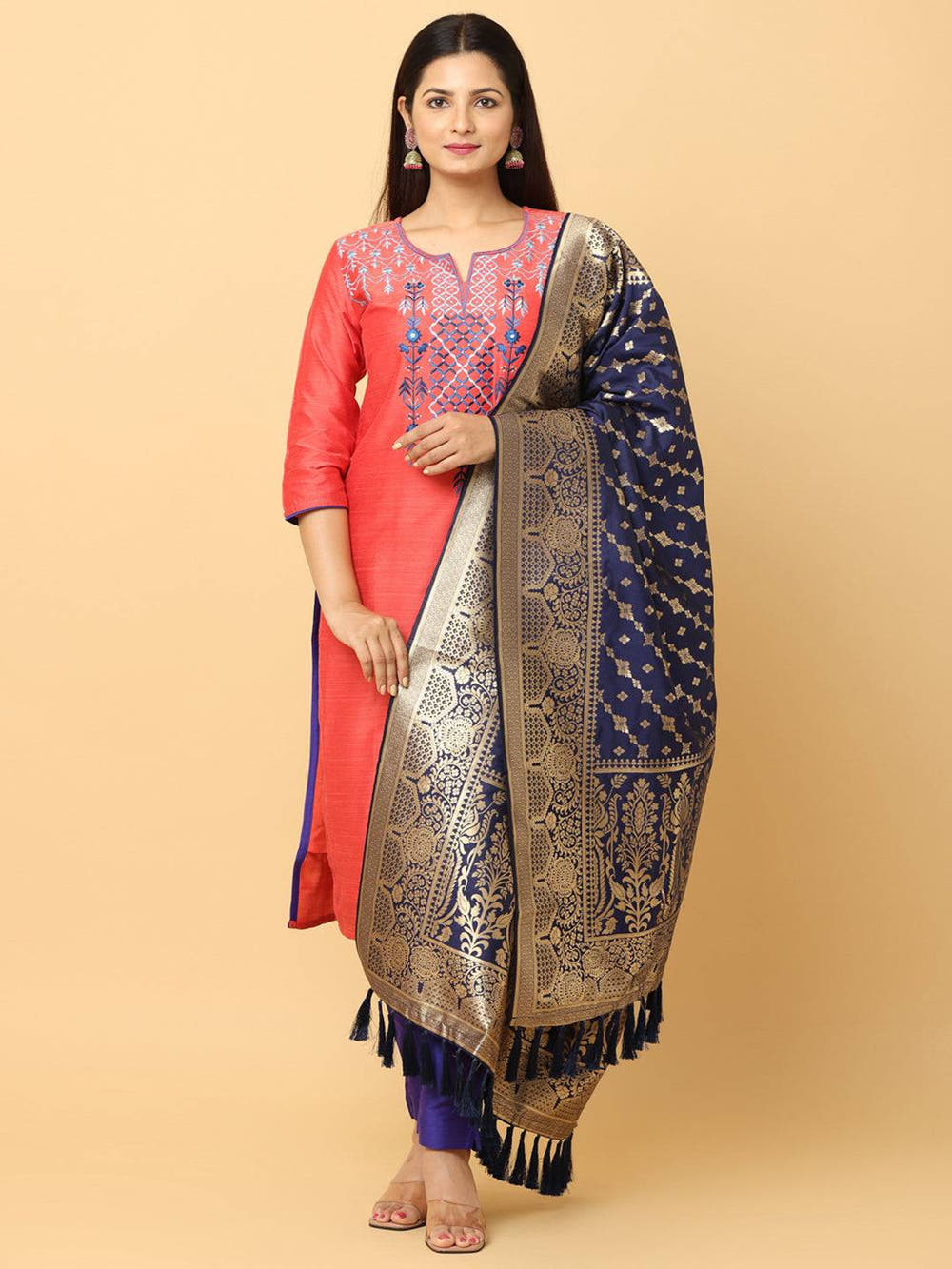 Latest Navy Colour Woven Design Silk Blend Dupatta