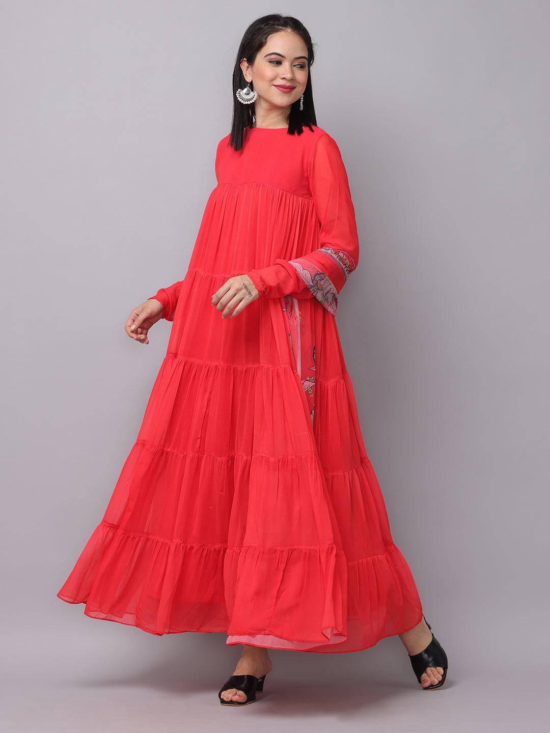 Fiery Red Churidar Sleeves Dress