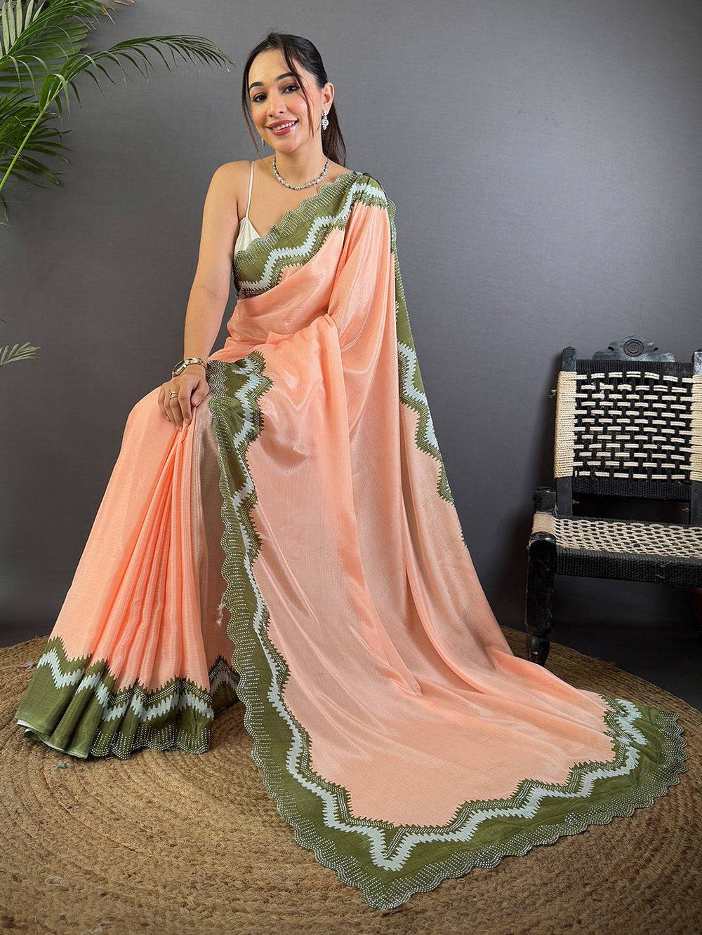 Peach Soft Chinnon Stone Work Saree