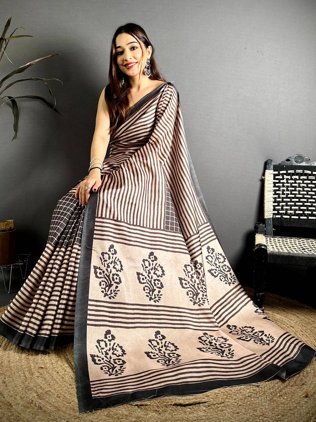 Opulent Ajrakh Block Print Tussar Saree