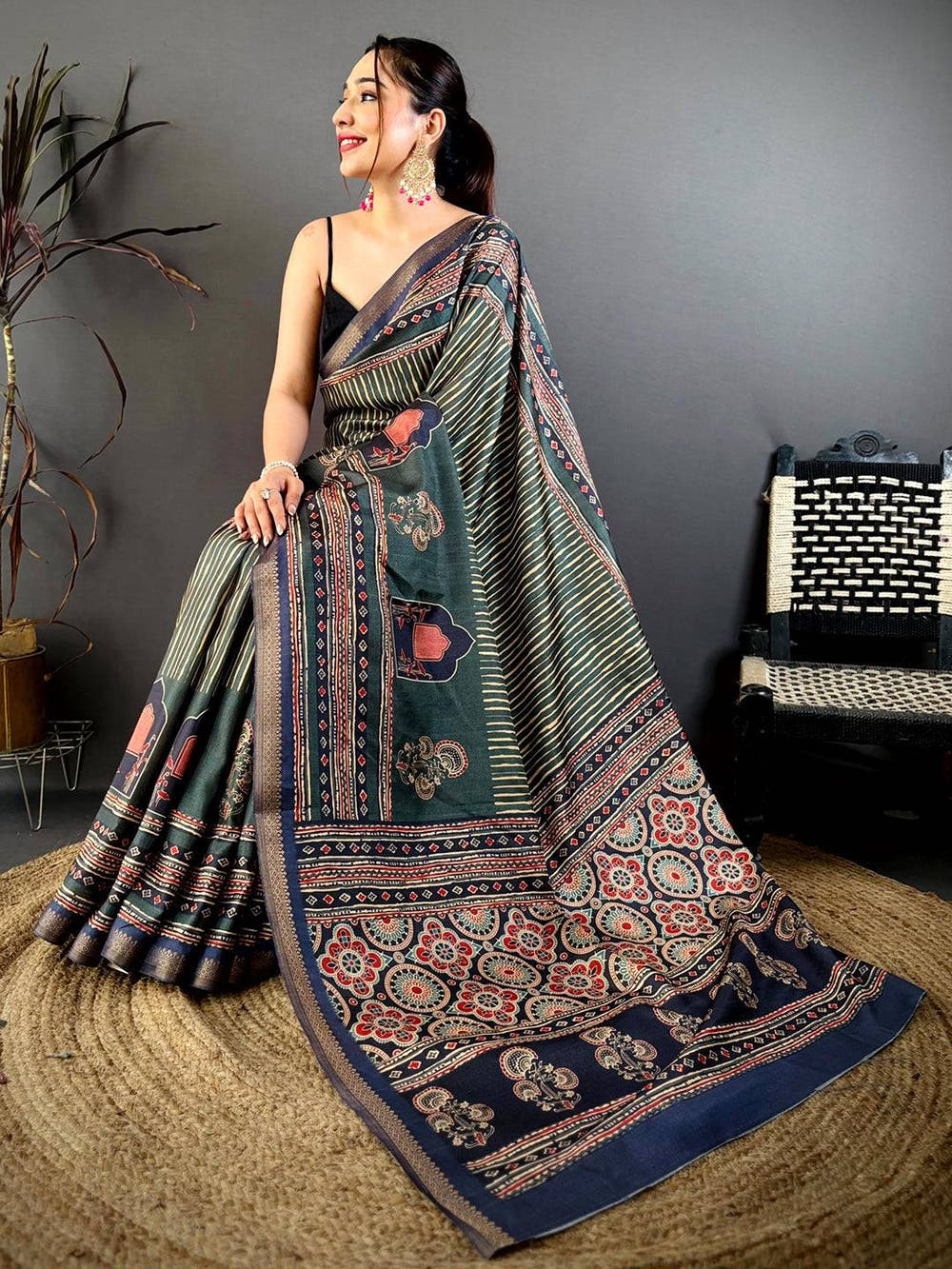 Radiant Block Ajrakh Print Soft Tussar Saree