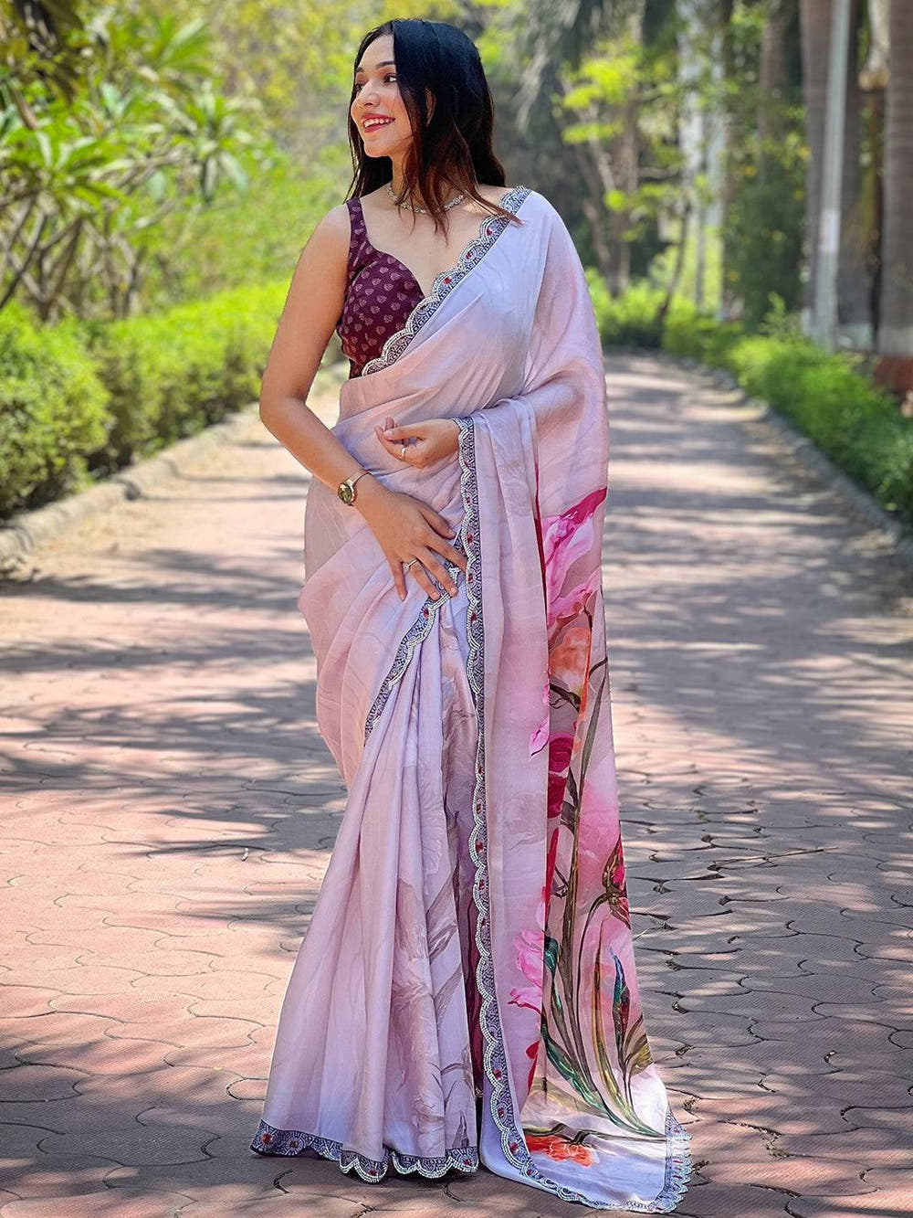 Grey Satin Georgette Floral Print Saree