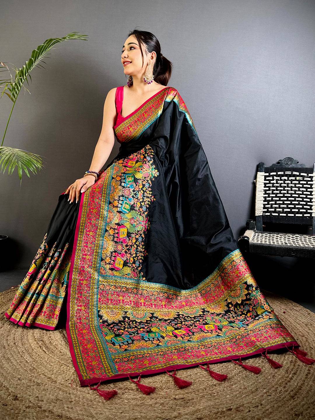 Black Kashmiri Art Soft Silk Saree