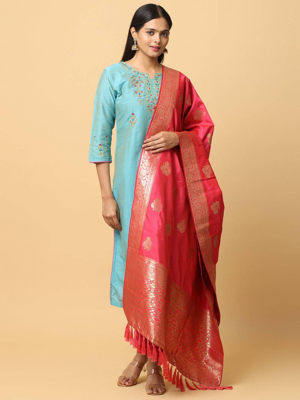 Pink Silk Blend Woven Design Dupatta