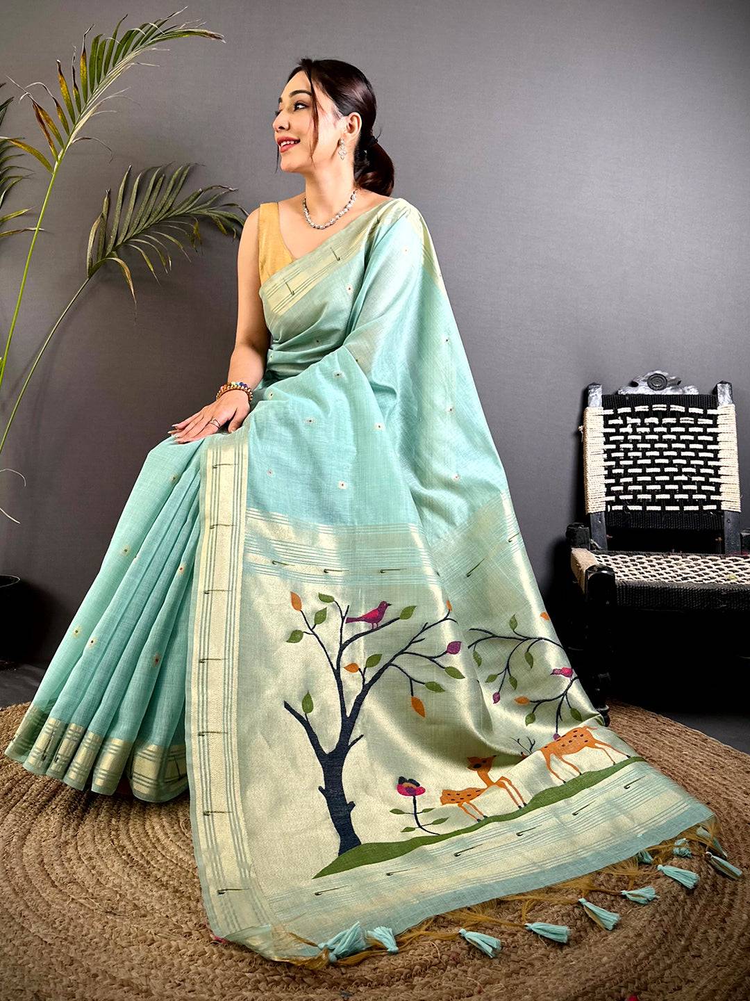 Sky Blue Minakari Paithani Khadi Linen Saree