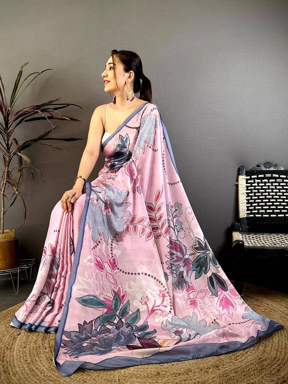 Pastel Pink Stone Work Floral Chinnon Saree