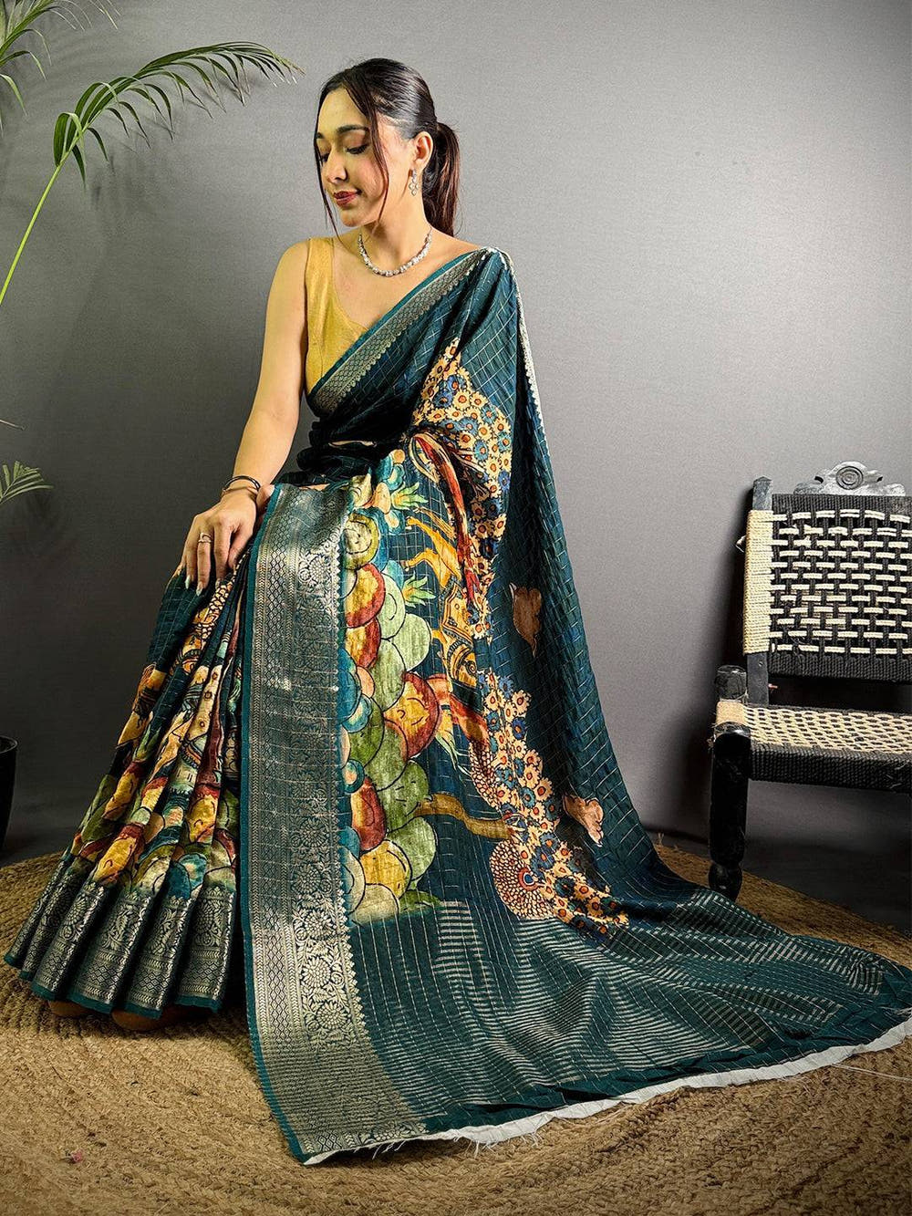Green Pure Viscose Kalalmkari Print Saree