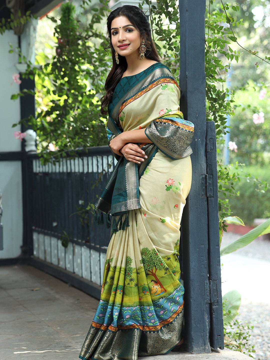 Pichwai Print Zari Weaving Pallu Saree In Pista Colour - Luxe