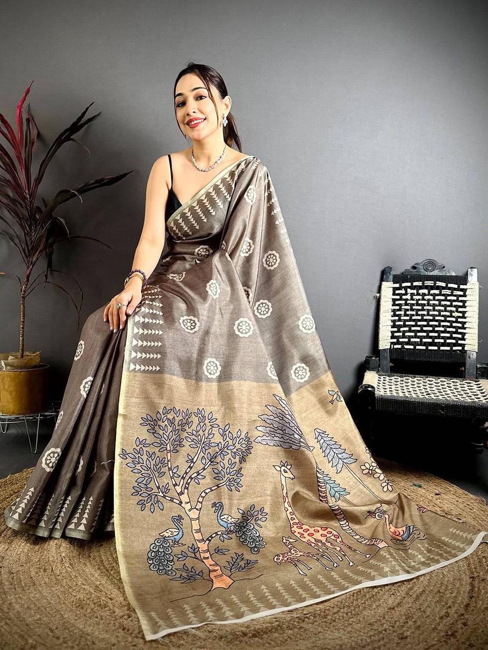 Opulent Geometric Tussar Kalamkari Saree