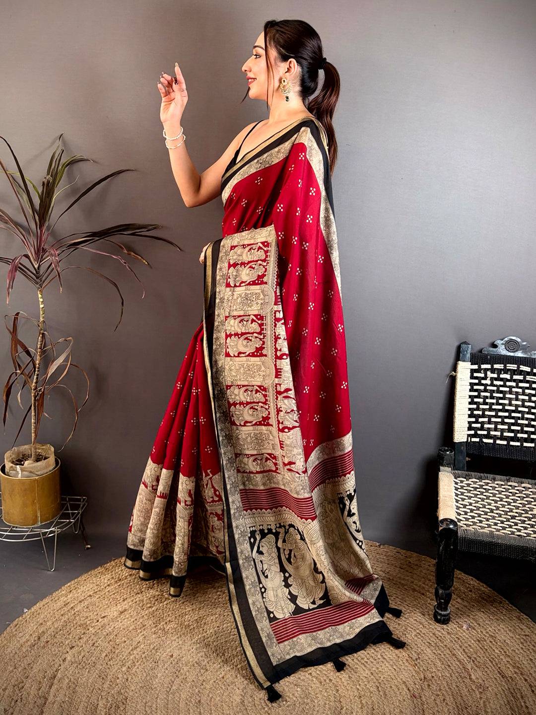 Red Mul Cotton Kalamkari Block Print Saree